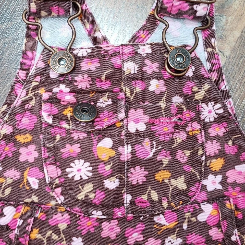 Oshkosh B'Gosh Brown, Pink, Orange Floral Cotton Denim Overall Dress, Size 3M